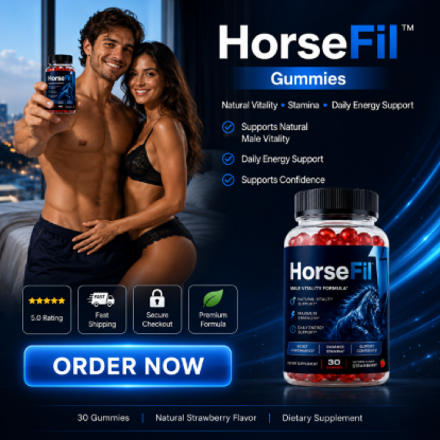 Confident couple holding HorseFil Gummies bottle